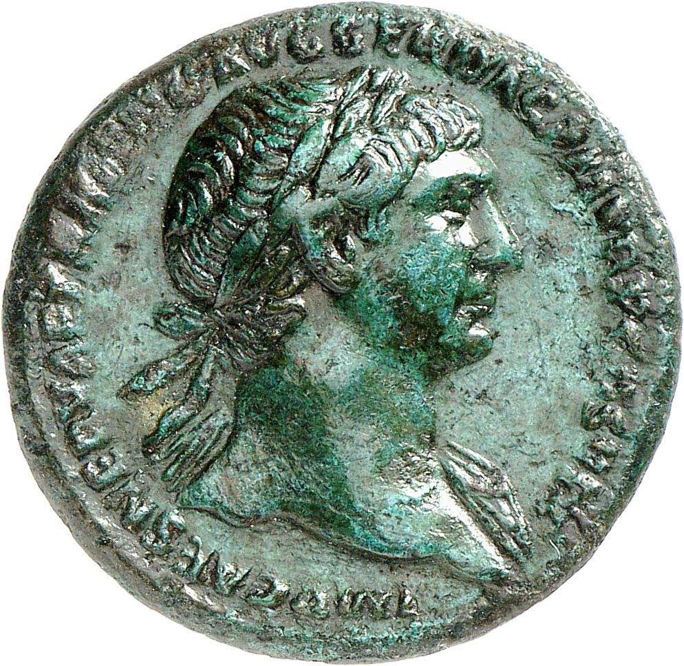 RIC II Trajan 549 (as) Trajan obverse, Bust of Trajan, laureate, draped on left shoulder, right