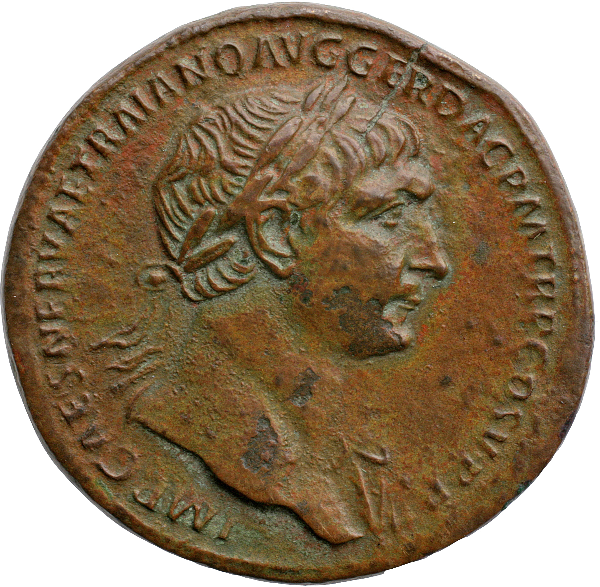 Trajan obverse — Bust of Trajan, laureate, draped on left shoulder, right