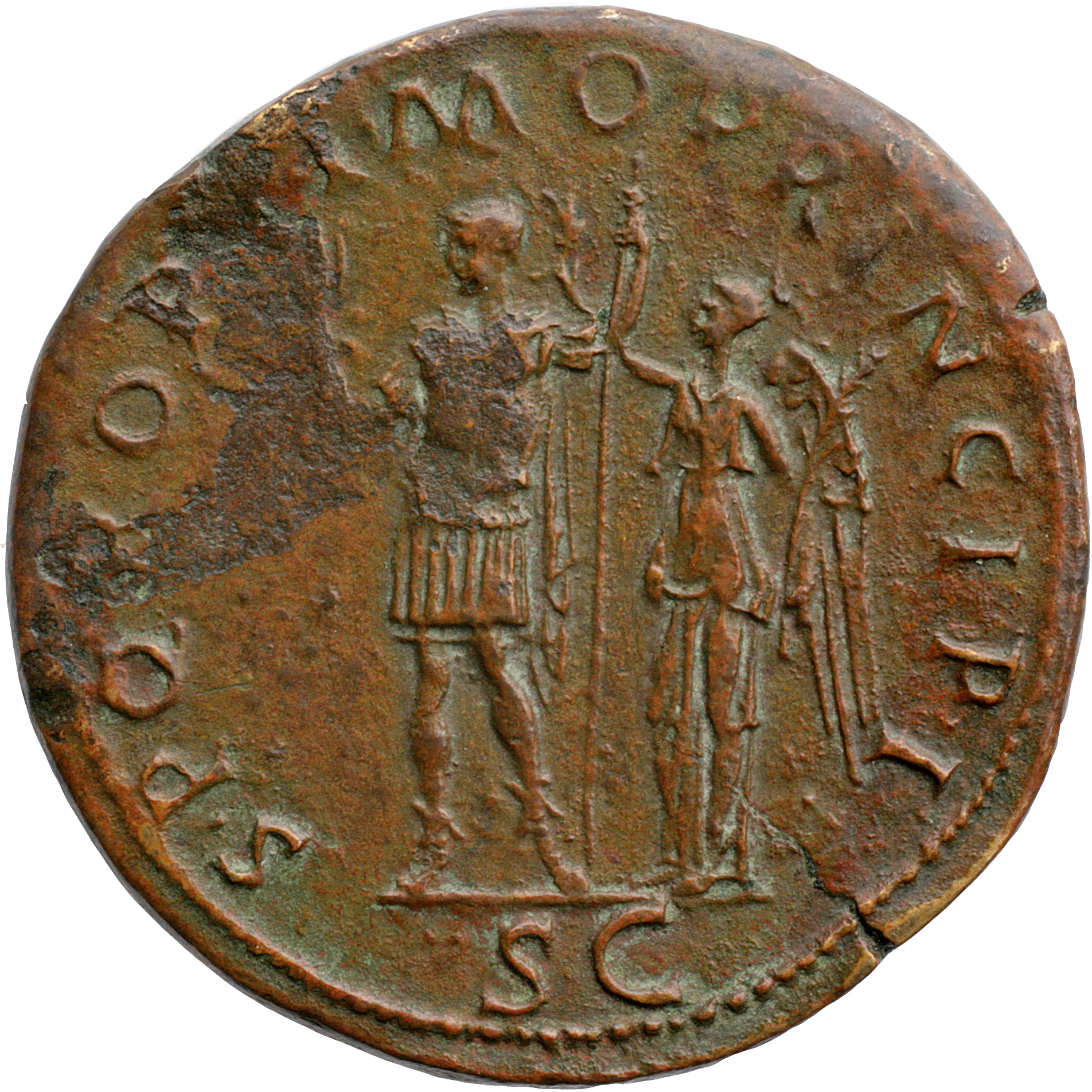 Trajan reverse — Trajan, bare-headed, in military dress, standing left, holding thunderbolt in right hand and vertical spear reversed in left, being crowned by Victory, draped, standing left, holding palm upright in left hand