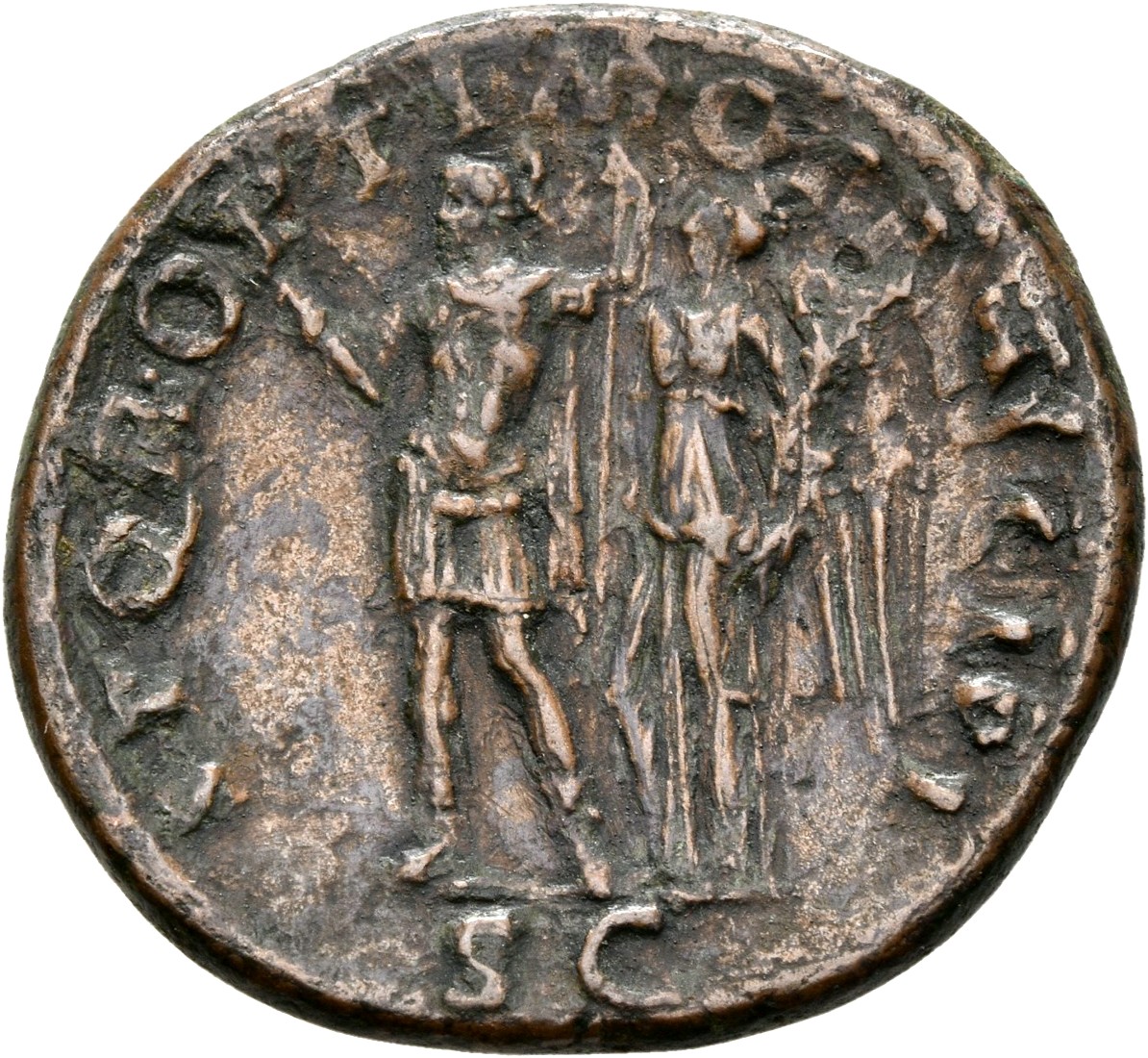 RIC II Trajan 550 Trajan reverse, Trajan, bare-headed, in military dress, standing left, holding thunderbolt in right hand...