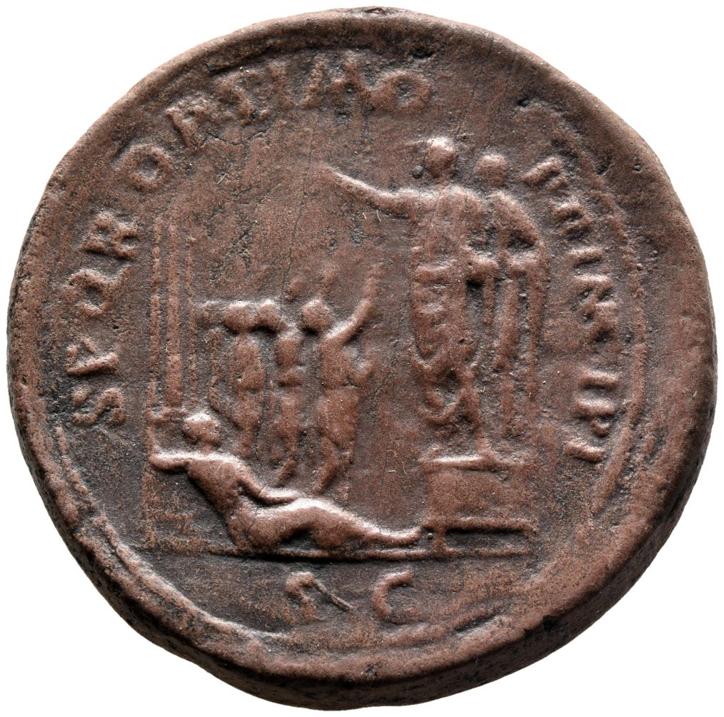 RIC II Trajan 554 Trajan reverse, Trajan, bare-headed, togate, standing left on platform on right, in gesture of adlocutio...