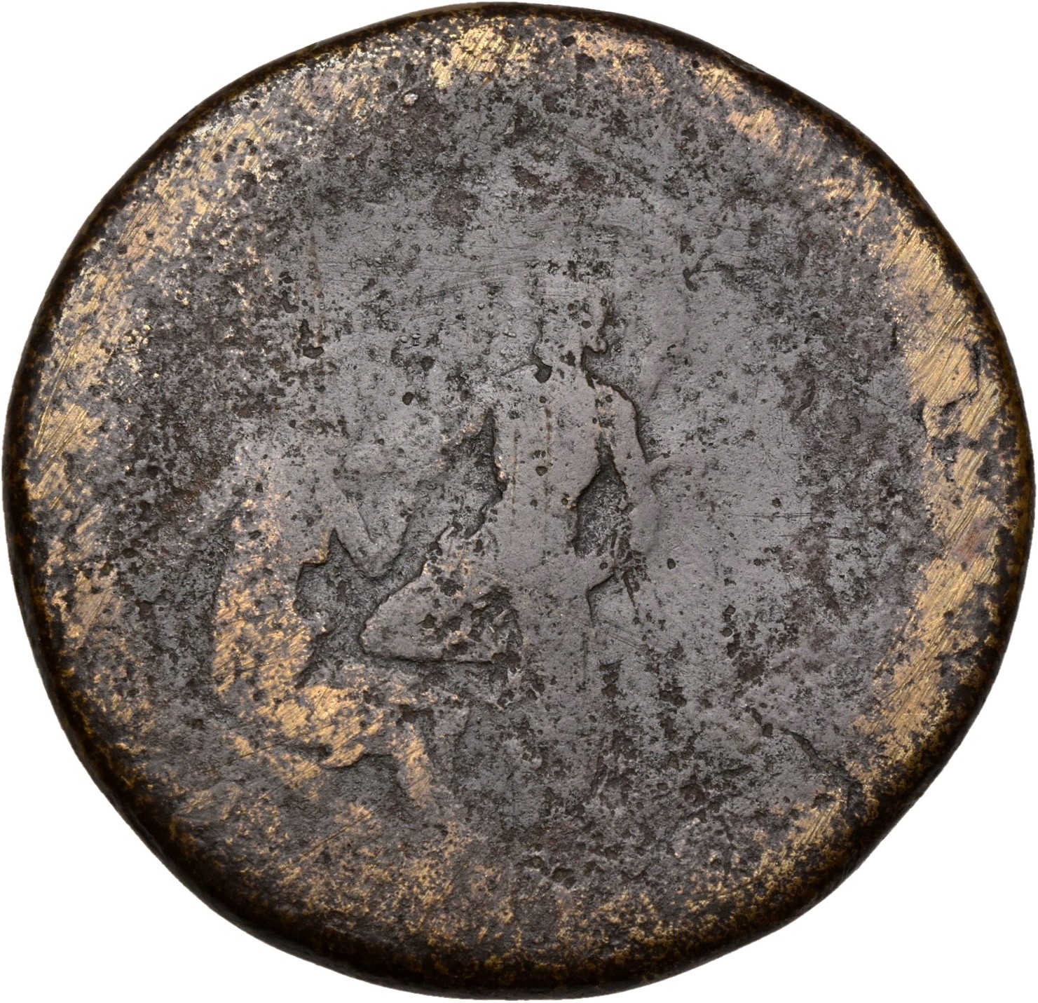 RIC II Trajan 556 Trajan reverse — Tiber standing left, pushing Dacia to the ground with right knee