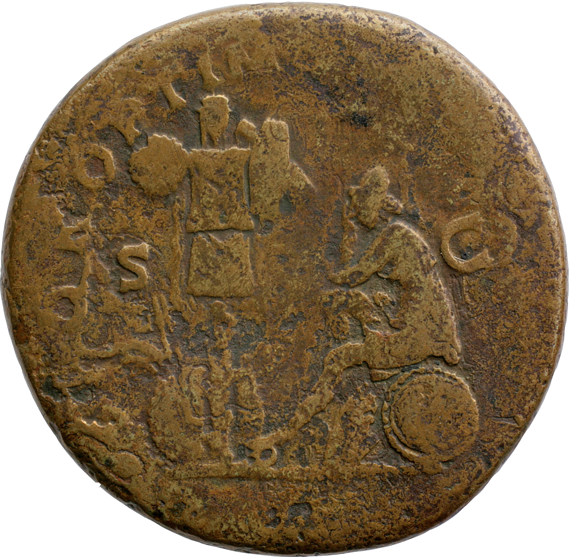 Trajan reverse — Dacia, seated left, in attitude of mourning on shield and pile of arms; before her on left a trophy