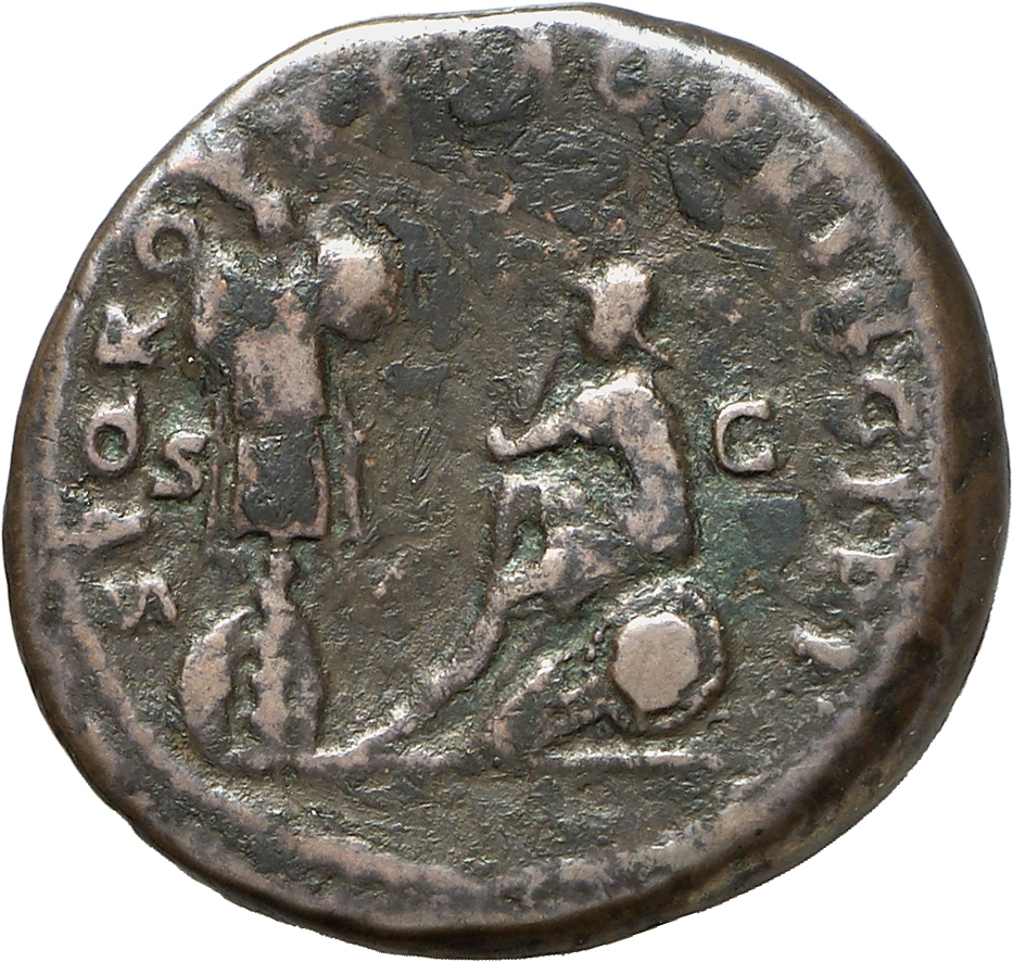 RIC II Trajan 561 Trajan reverse, Dacia, seated left, in attitude of mourning on shield and pile of arms; before her on le...