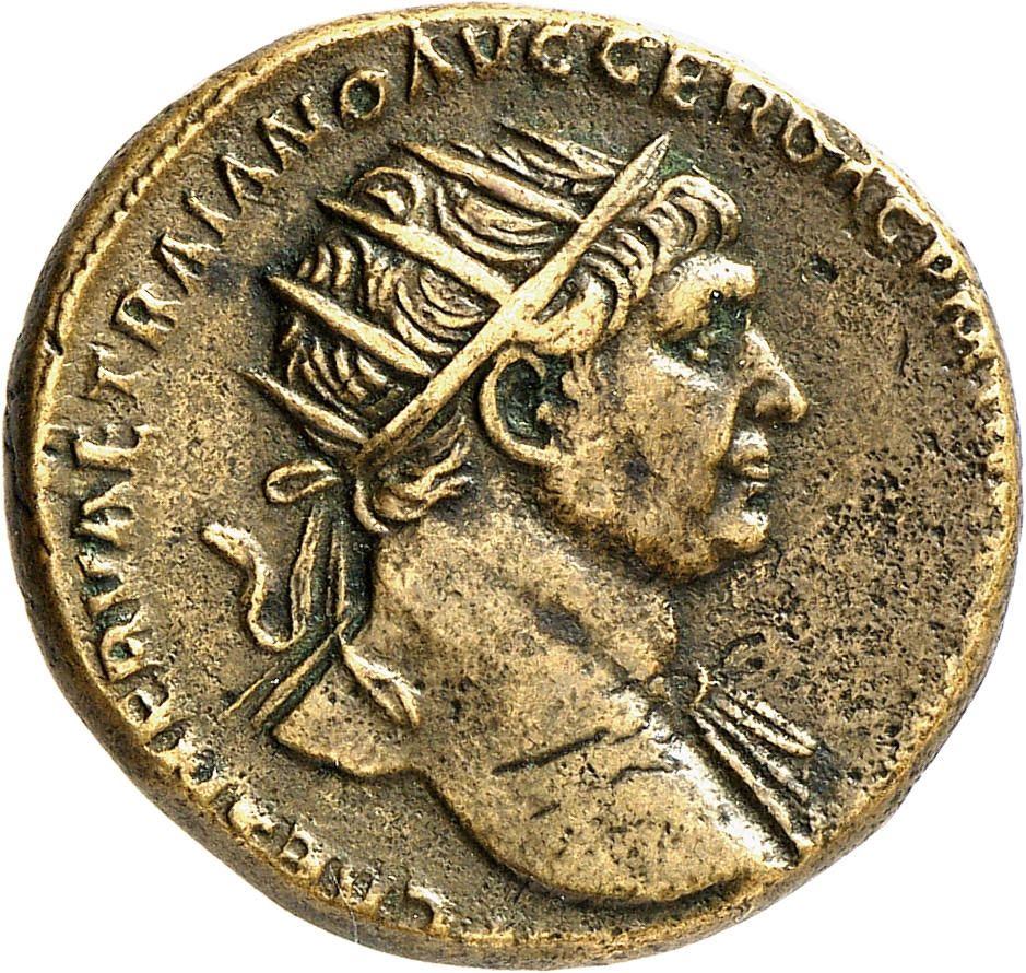 RIC II Trajan 563 Trajan obverse, Bust of Trajan, radiate, draped on left shoulder, right