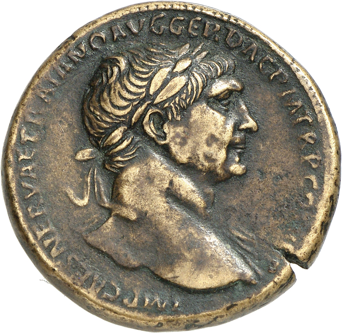 RIC II Trajan 564 Trajan obverse, Head of Trajan, laureate, right
