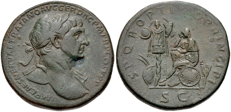 RIC II Trajan 565 Trajan obverse, Head of Trajan, laureate, right