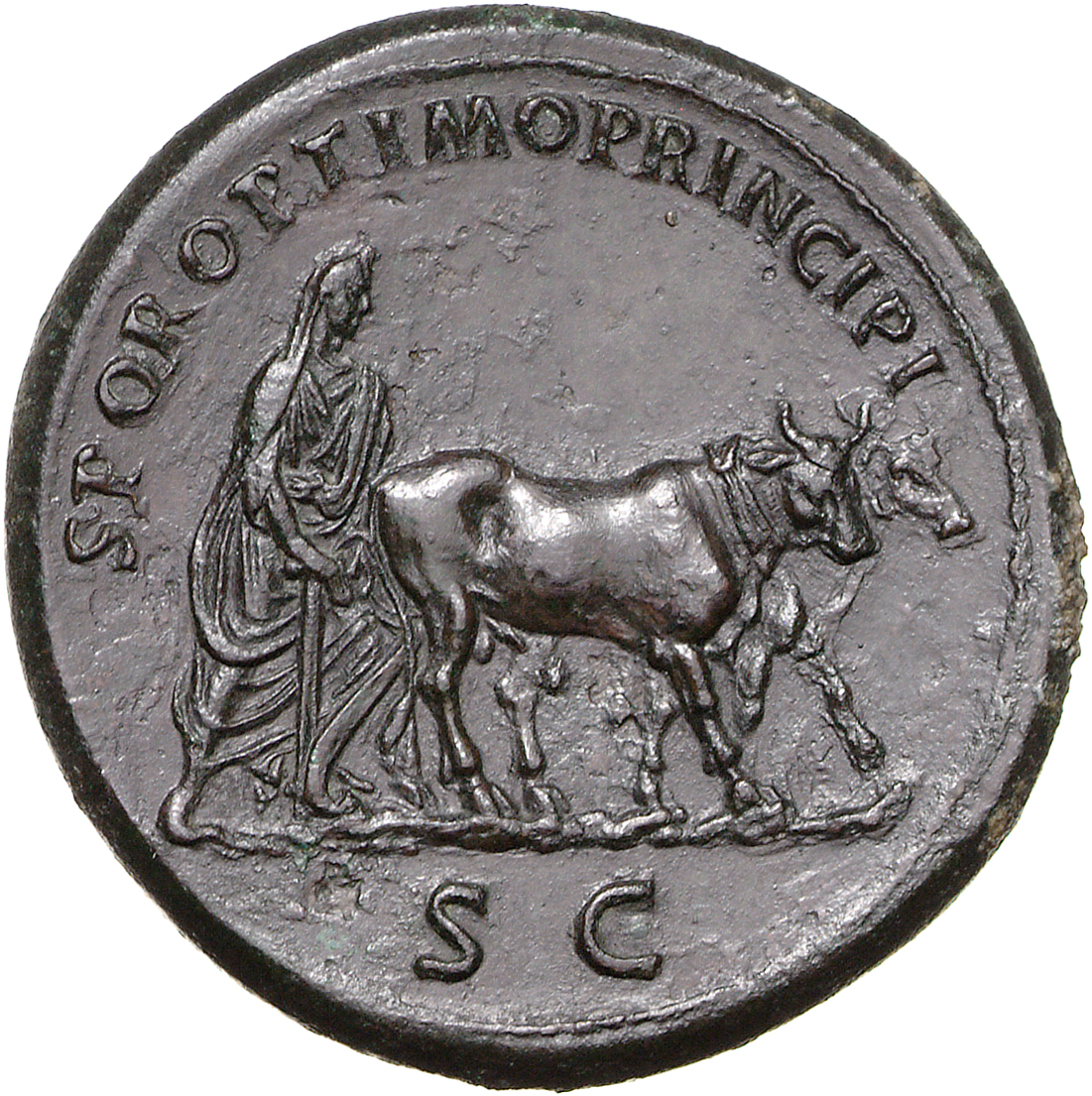 RIC II Trajan 567 Trajan reverse, Priest driving two oxen right