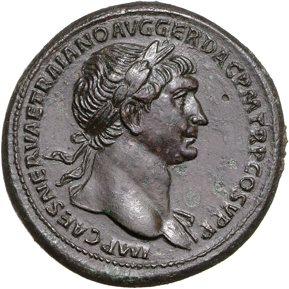 RIC II Trajan 567 Trajan obverse, Head of Trajan, laureate, right