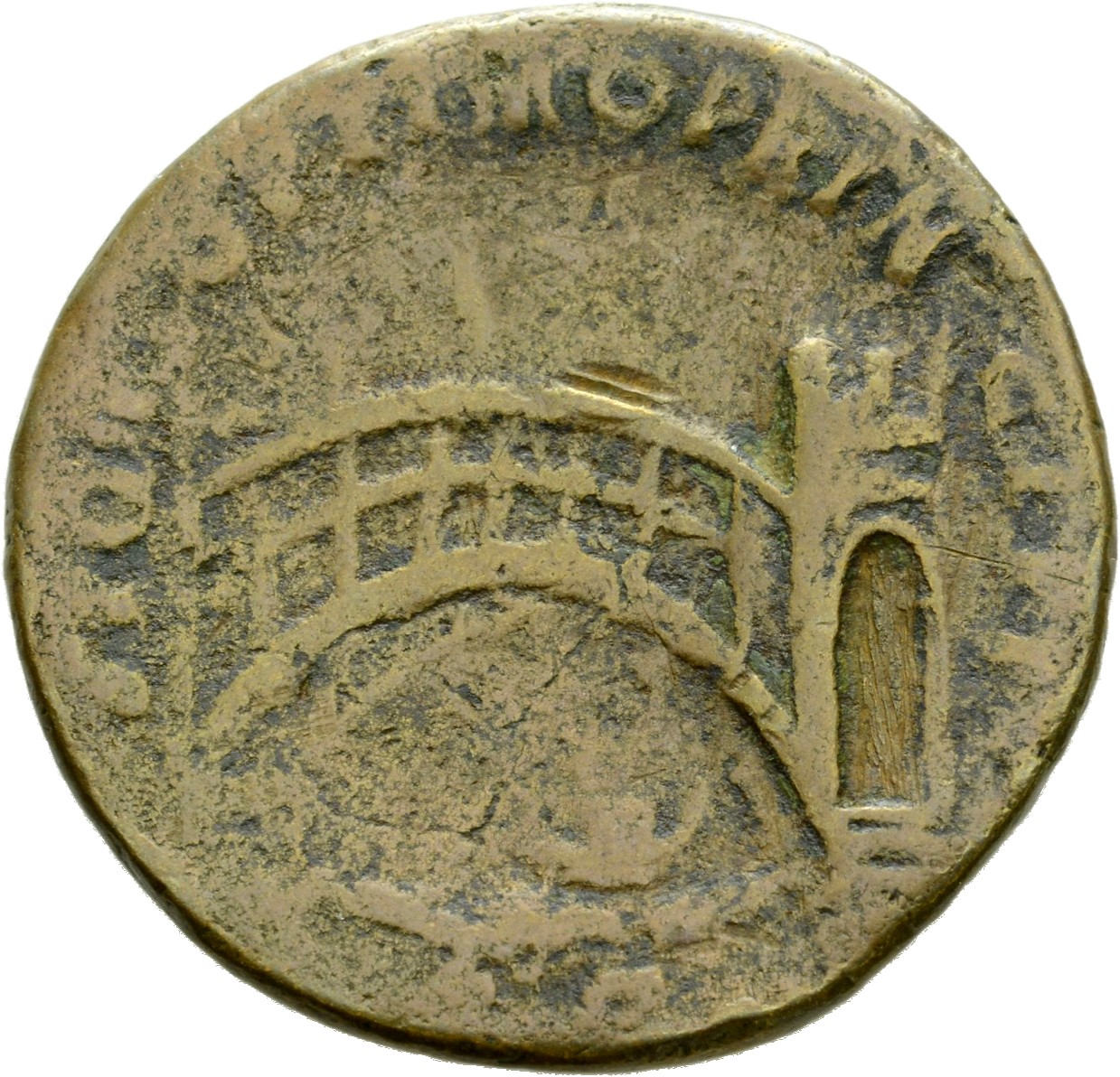 RIC II Trajan 569 (as) Trajan reverse, Arched, single-span bridge over river with eight vertical bars on side; boat moored...