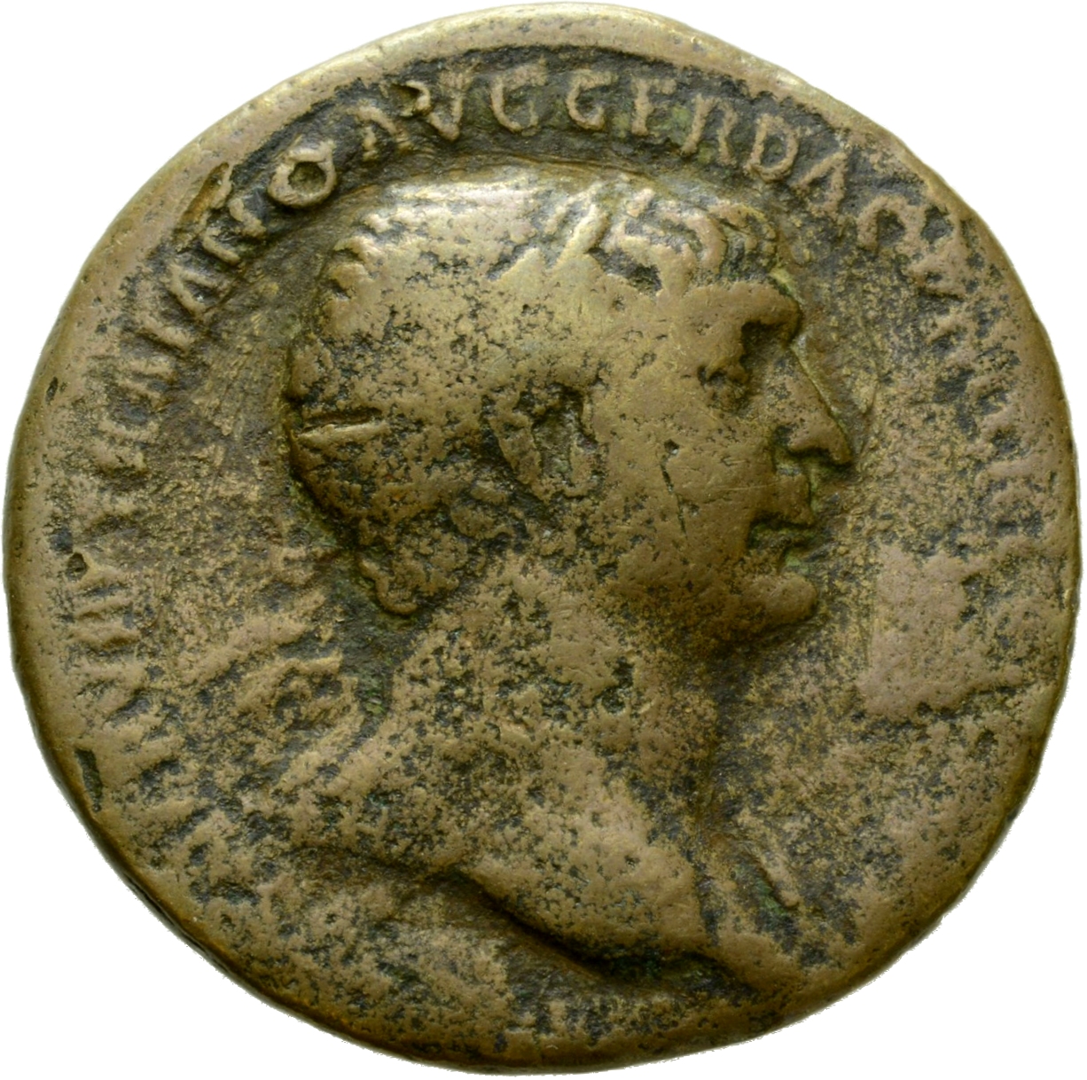 Trajan obverse — Bust of Trajan, laureate, draped, right|Bust of Trajan, laureate, draped on left shoulder, right