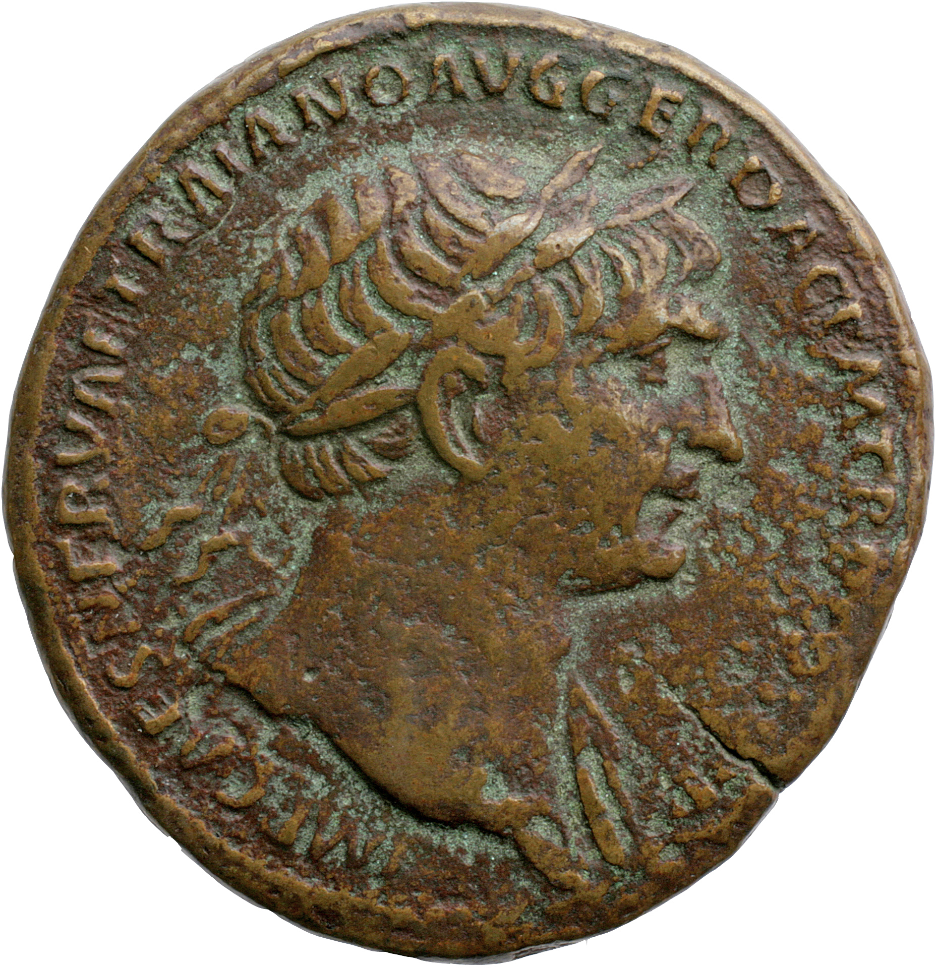 RIC II Trajan 569 (sestertius) Trajan obverse, Bust of Trajan, laureate, draped, right|Bust of Trajan, laureate, draped on...