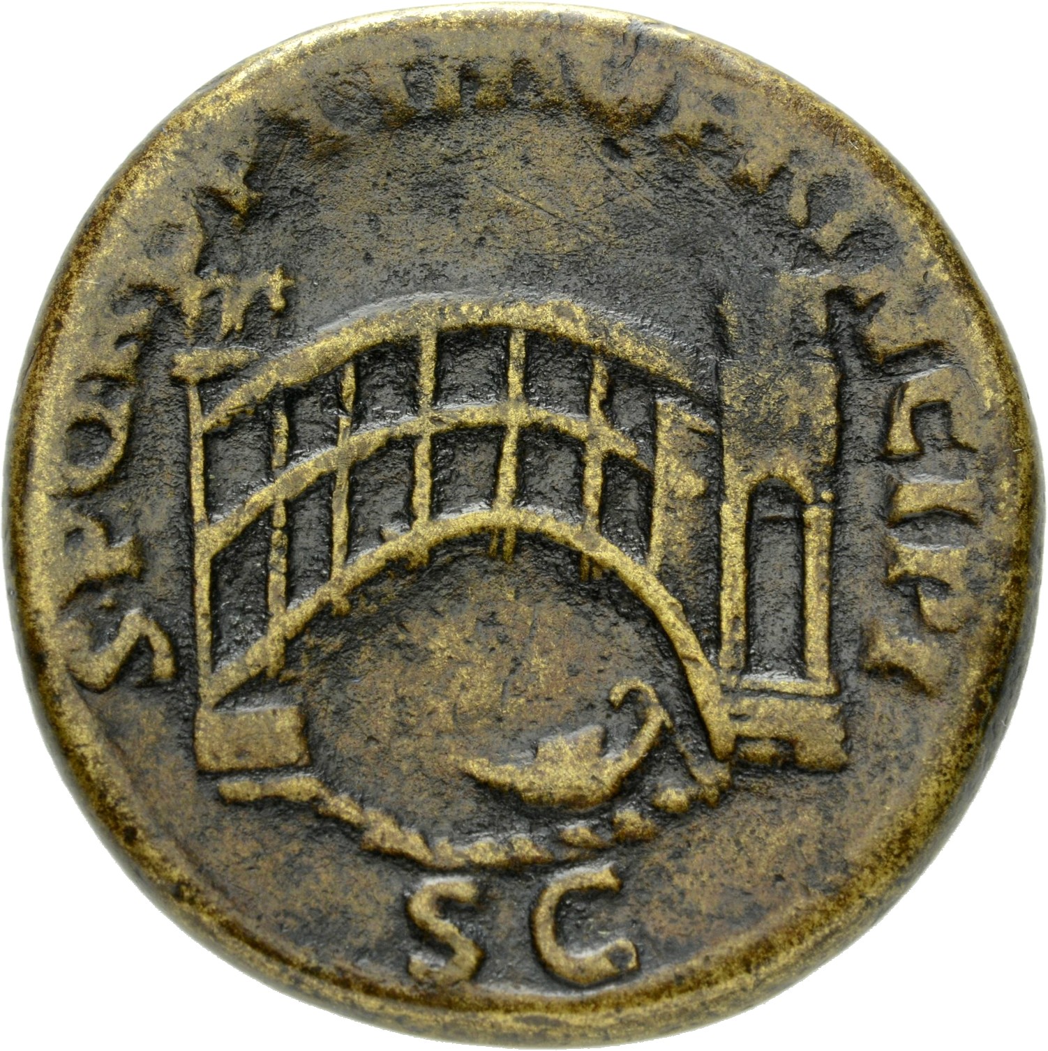 RIC II Trajan 569 (sestertius) Trajan reverse, Arched, single-span bridge over river with eight vertical bars on side; boa...