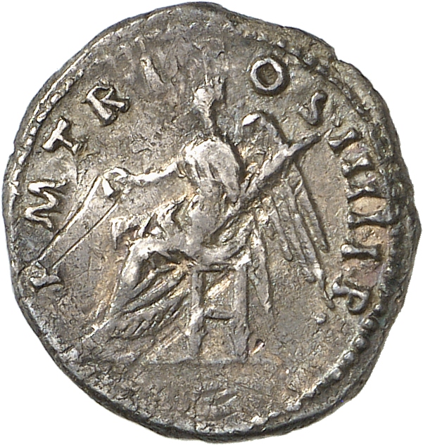 RIC II Trajan 57 Trajan reverse, Victory, draped, seated left on seat without back, holding patera in right hand and palm ...
