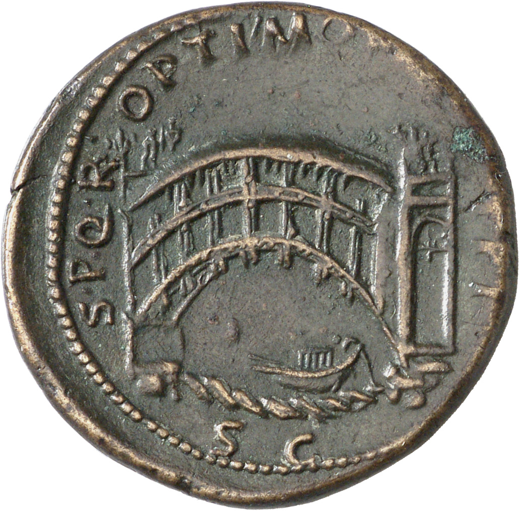 RIC II Trajan 570 Trajan reverse, Arched, single-span bridge over river with eight vertical bars on side; boat moored belo...