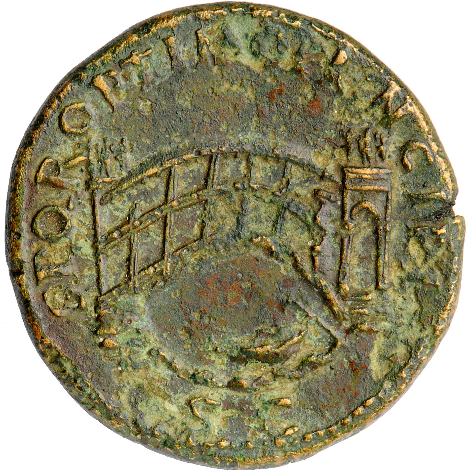 RIC II Trajan 570 Trajan reverse, Arched, single-span bridge over river with eight vertical bars on side; boat moored belo...