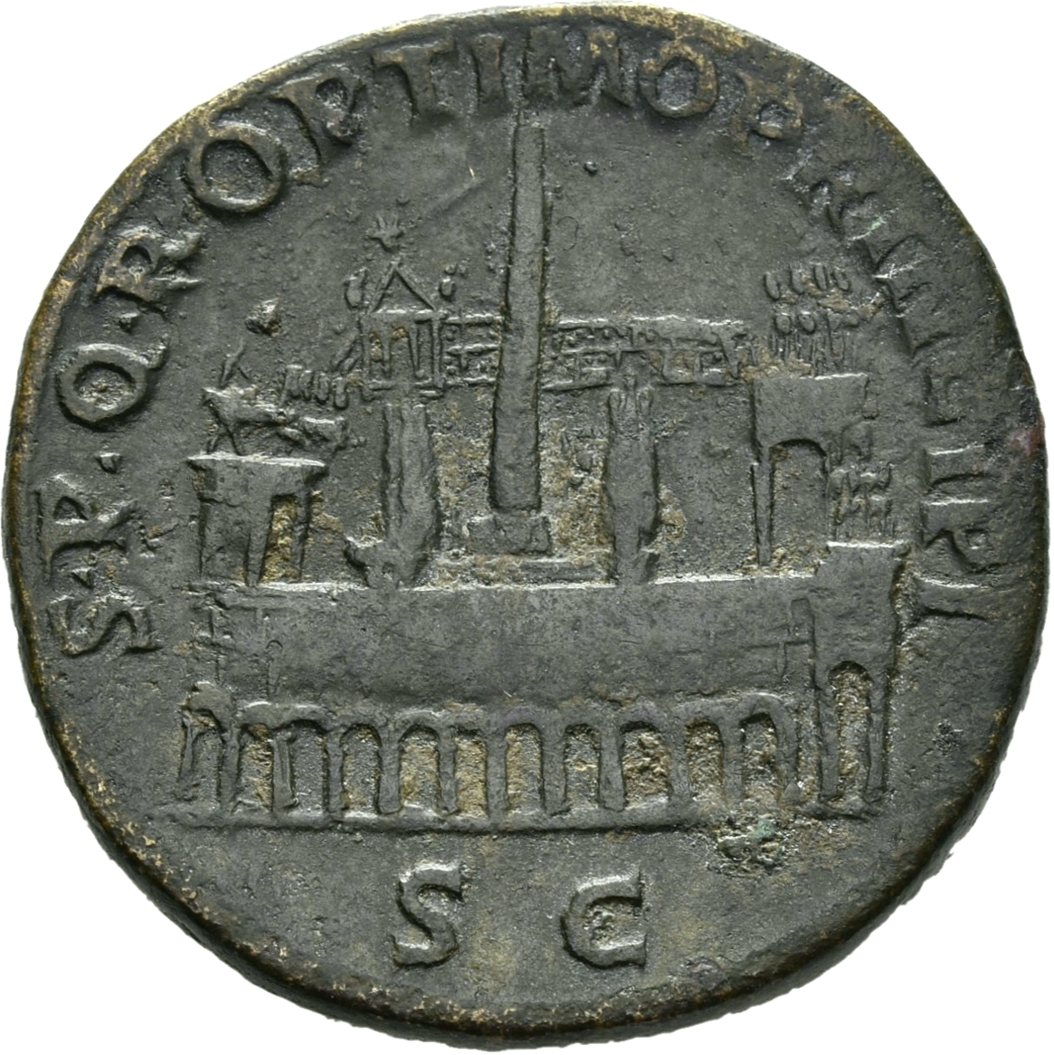 RIC II Trajan 571 Trajan reverse, The Circus Maximus with obelisk in center; the spina is flanked by metae