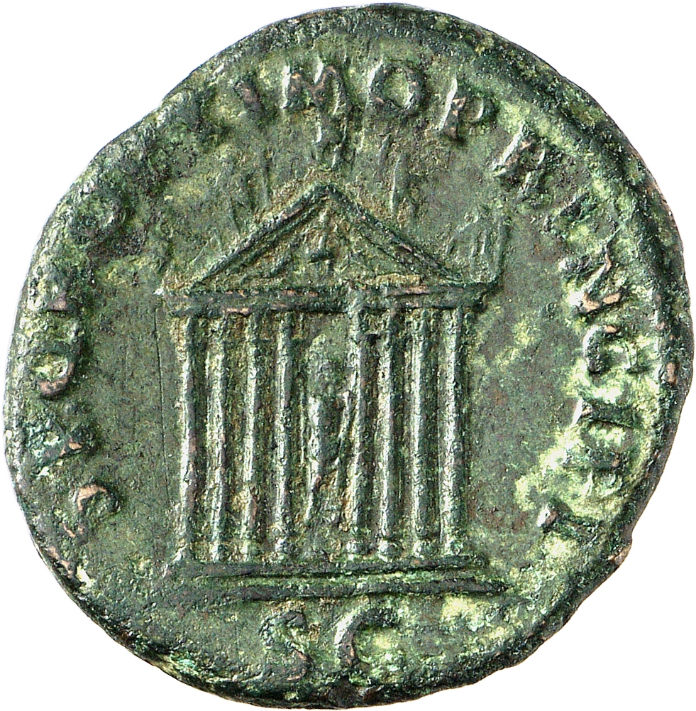 RIC II Trajan 575 (as) Trajan reverse, Figure of Pax standing within octastyle temple with pediment of Jupiter seated betw...