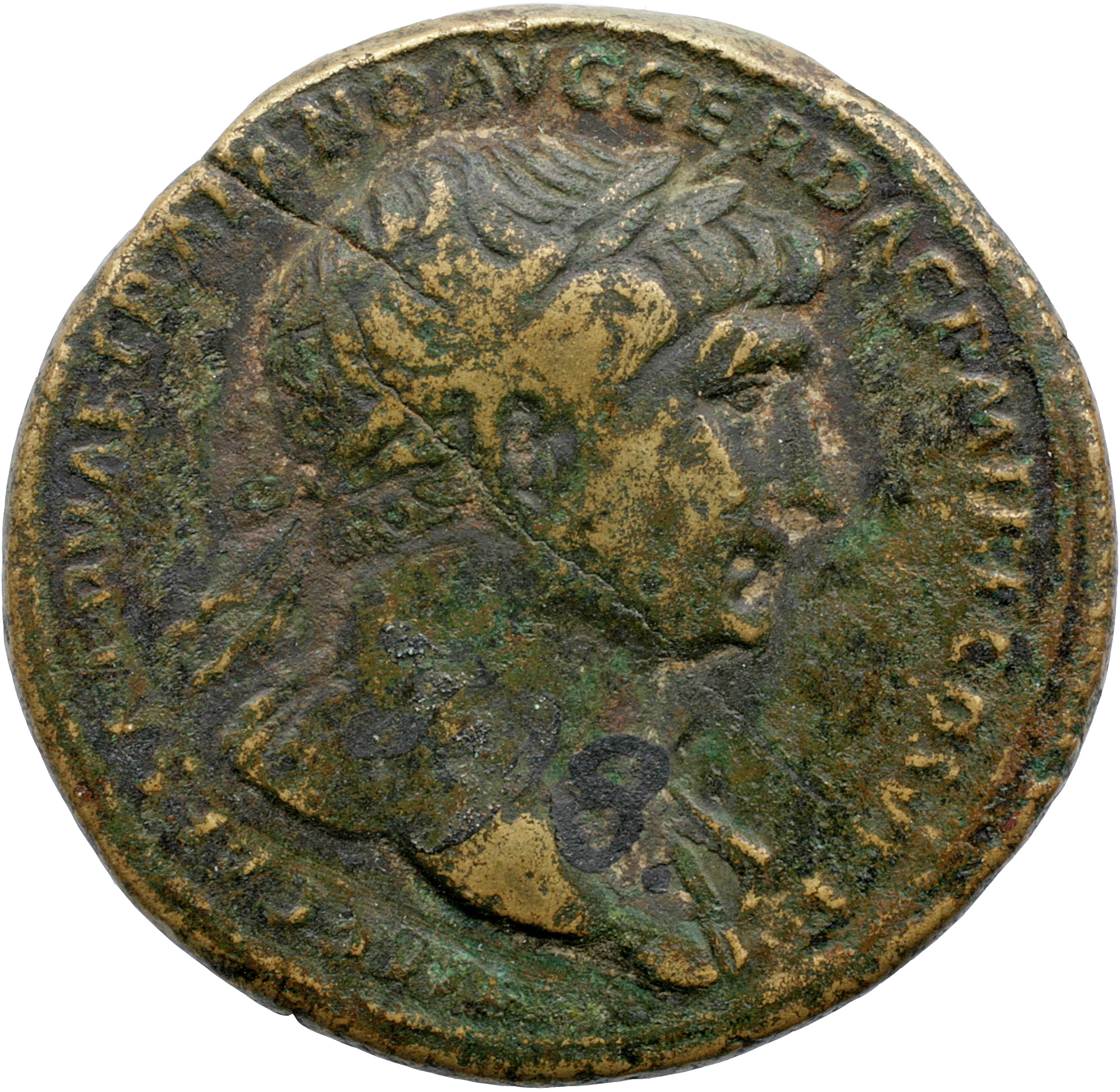 RIC II Trajan 575 (sestertius) Trajan obverse, Bust of Trajan, laureate, draped on left shoulder, right (sometimes with ae...