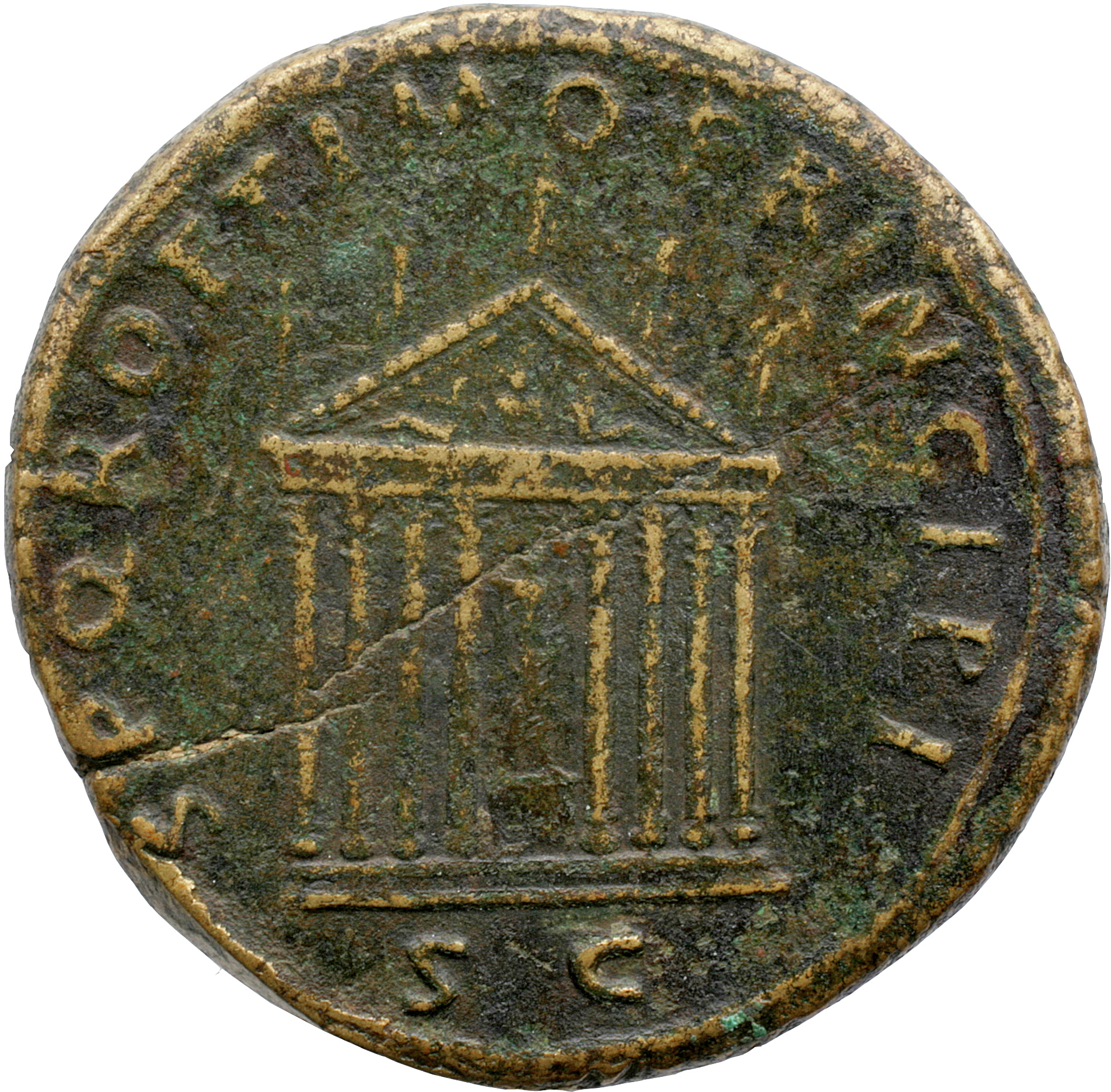 Trajan reverse — Figure of Pax standing within octastyle temple with pediment of Jupiter seated between two reclining figures and five statues on roof