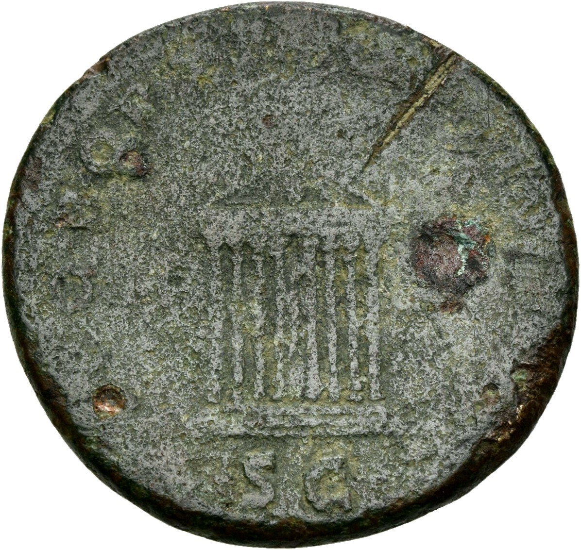RIC II Trajan 576 Trajan reverse, Figure of Pax standing within octastyle temple with pediment of Jupiter seated between t...