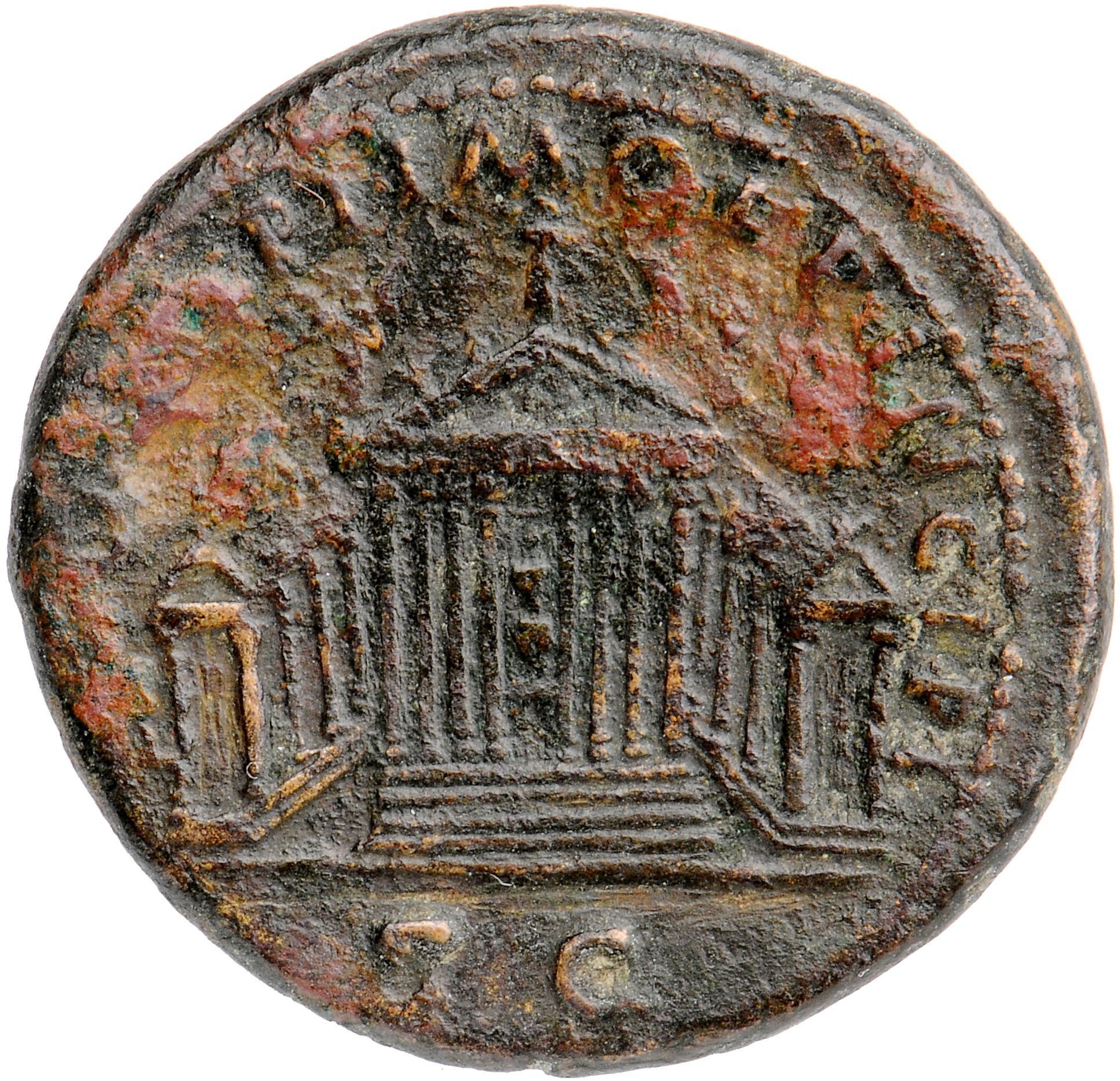 RIC II Trajan 577 (as) Trajan reverse, Jupiter seated in center of octastyle temple; architrave decorated with figure of J...
