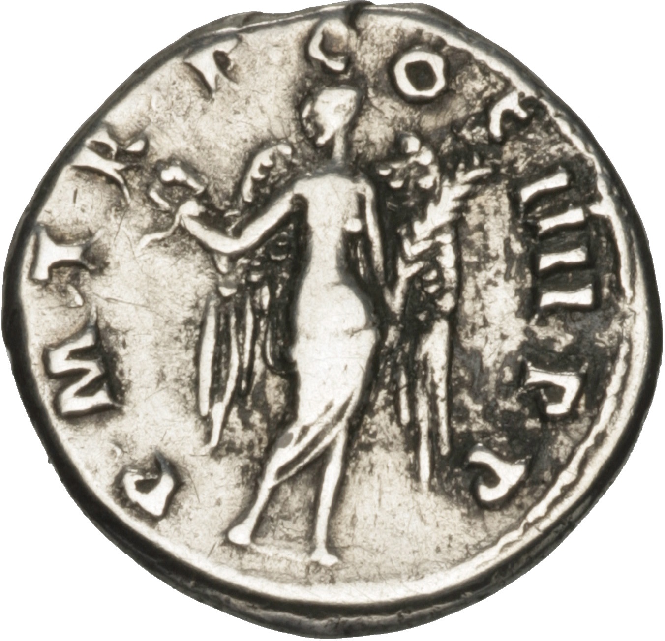 RIC II Trajan 58 Trajan reverse, Victory, naked to waist, standing front, head left, holding up wreath in right hand and p...