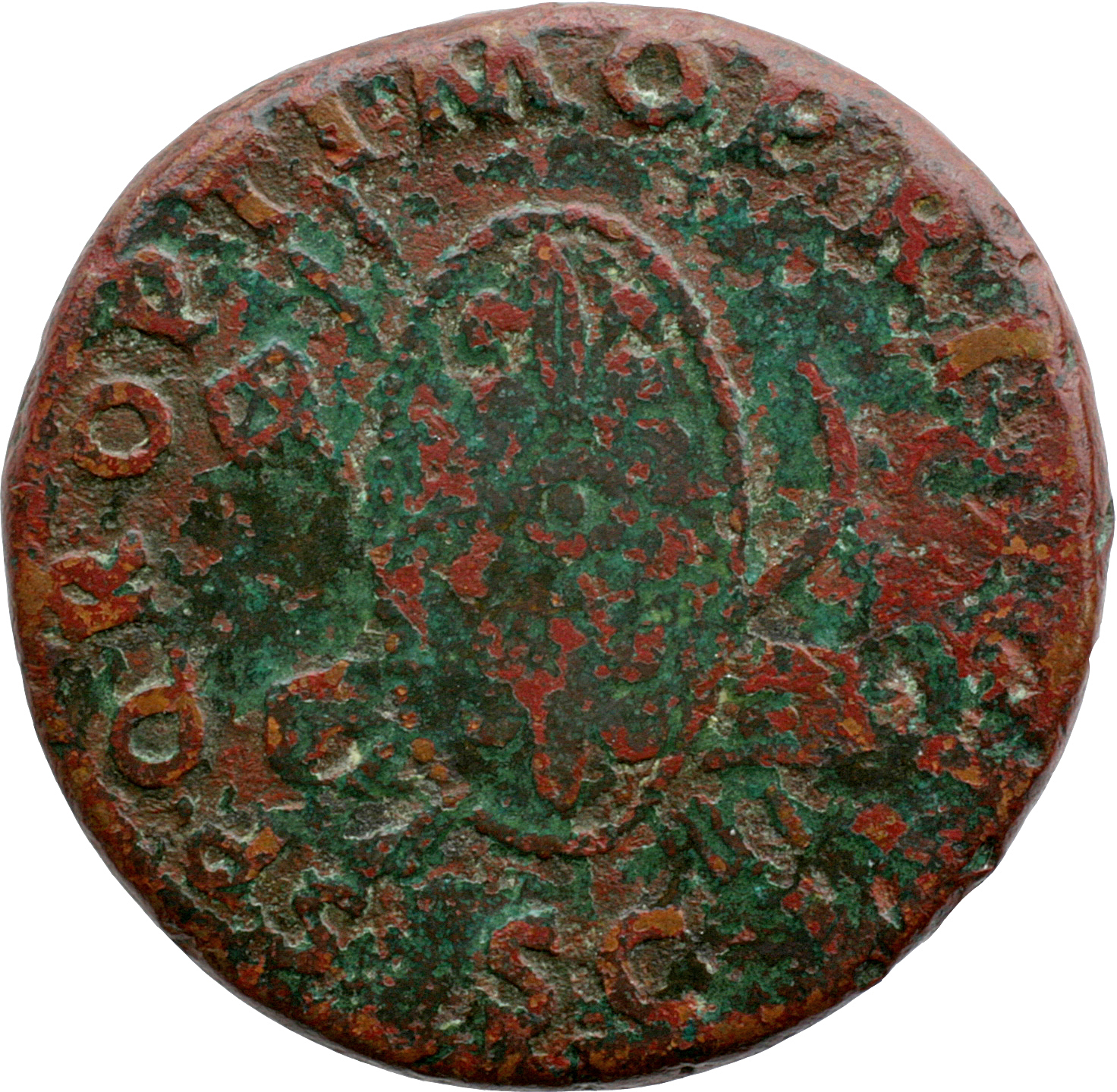 RIC II Trajan 584 (as) Trajan reverse, Oval shield inscribed with stars, dots, and crescents; behind oblong shield, curved...