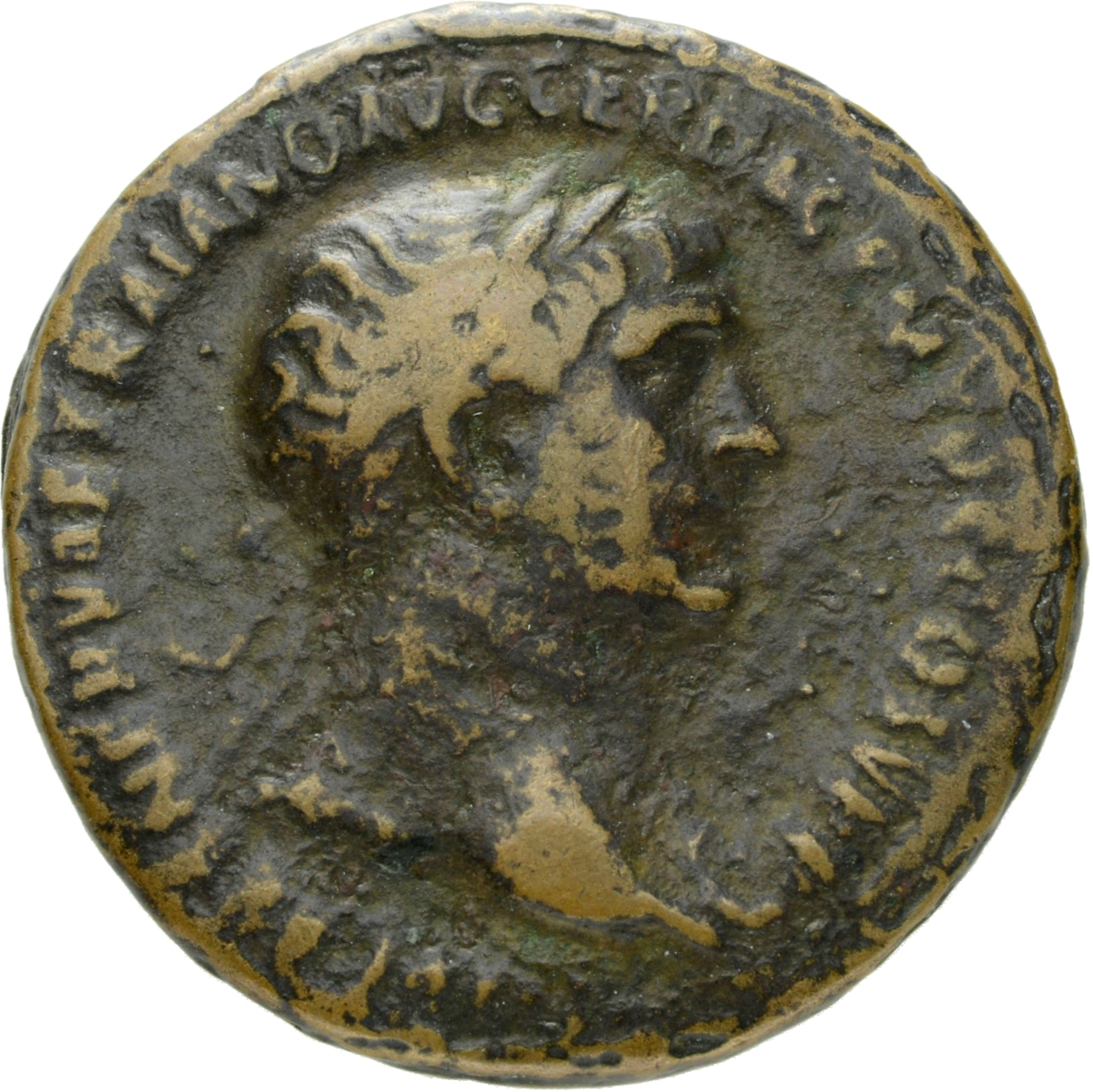 RIC II Trajan 584 (as) Trajan obverse, Bust of Trajan, laureate, right with aegis