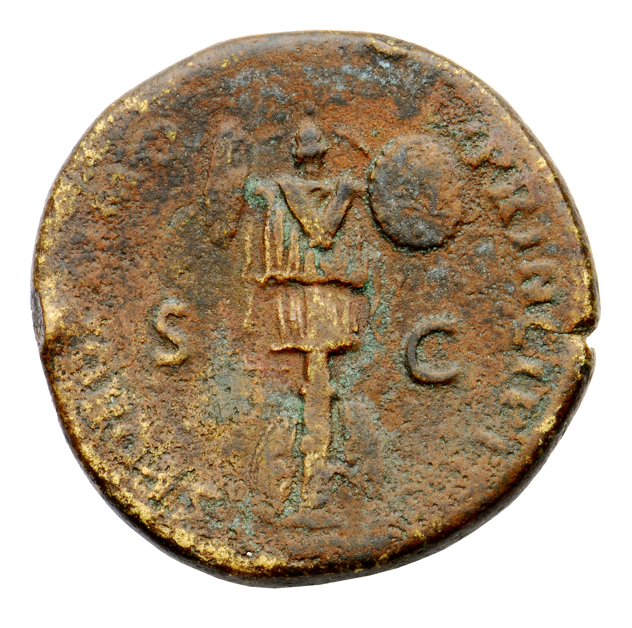 RIC II Trajan 586 Trajan reverse, Trophy consisting of helmet, cuirass, one round and one oblong shield; at base, one roun...