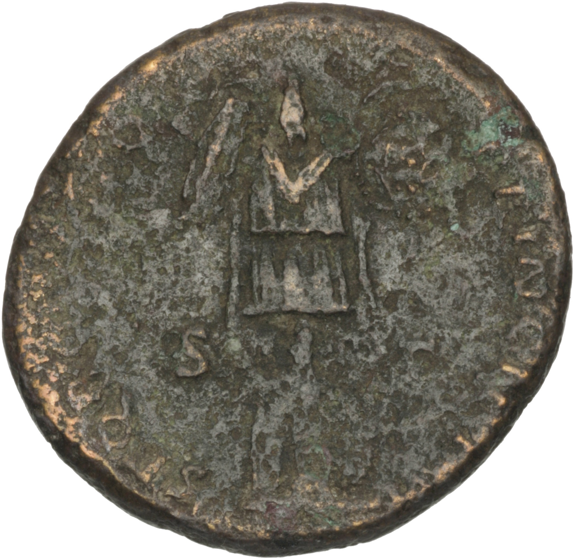 RIC II Trajan 587 Trajan reverse, Trophy consisting of helmet, cuirass, one round and one oblong shield: at base, two oblo...