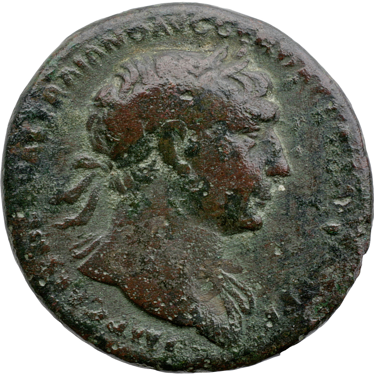RIC II Trajan 588 Trajan obverse, Head of Trajan, laureate, right