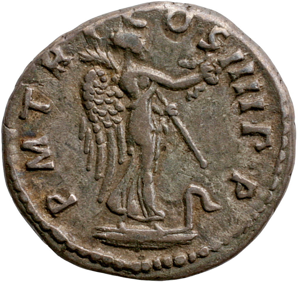 RIC II Trajan 59 Trajan reverse, Victory, draped, standing right on prow, holding out wreath in right hand and palm in left