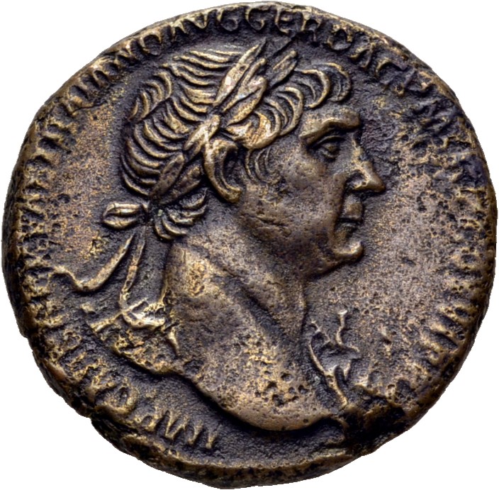 RIC II Trajan 593 Trajan obverse, Bust of Trajan, laureate, draped on left shoulder, right