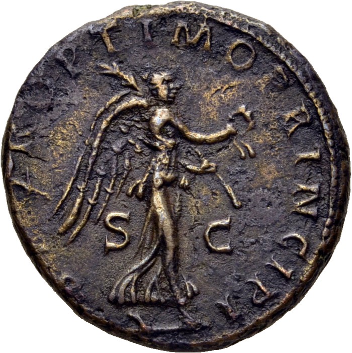 RIC II Trajan 593 Trajan reverse, Victory, draped, advancing right holding wreath in extended right hand and palm in left ...