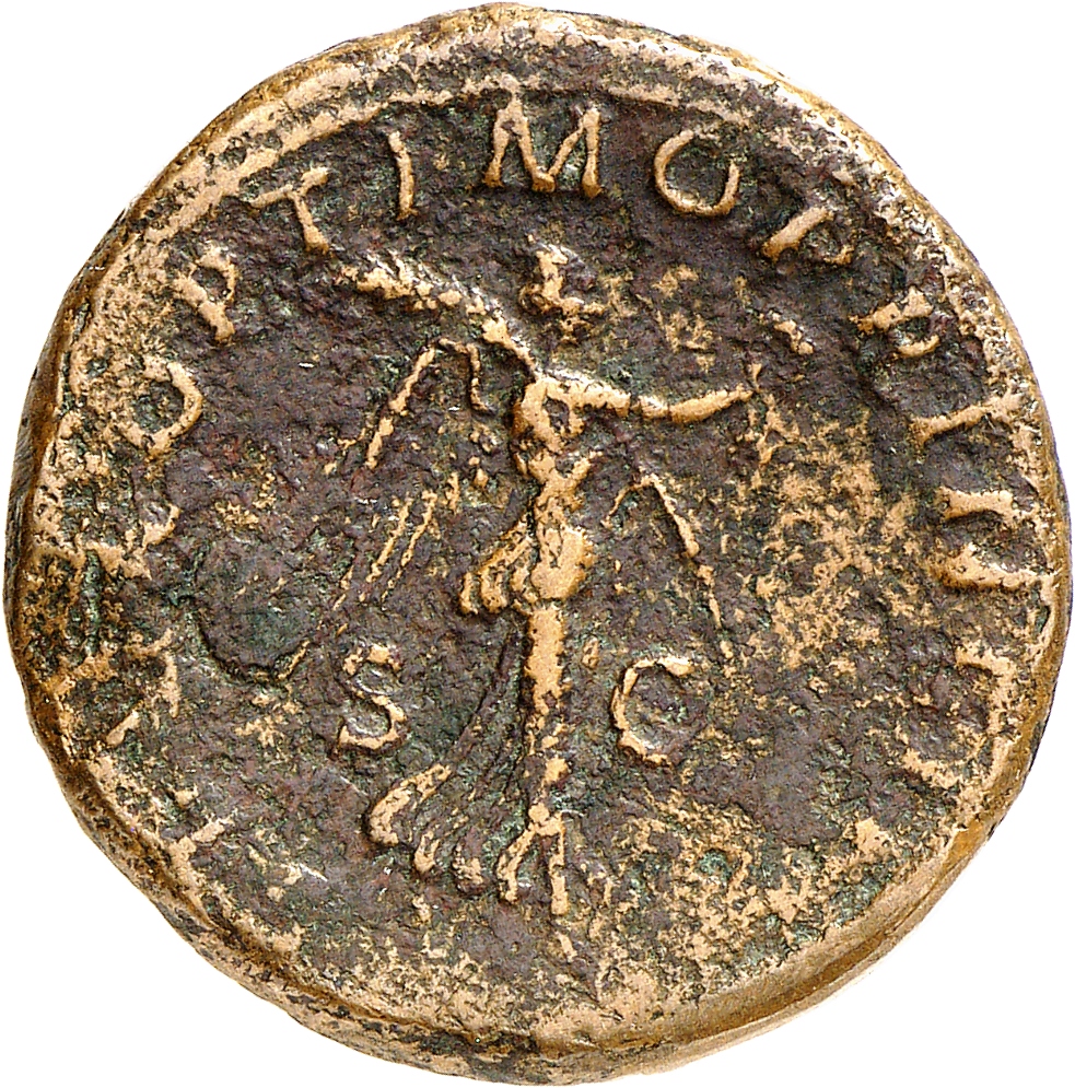 RIC II Trajan 594 Trajan reverse, Victory, draped, advancing right holding wreath in extended right hand and palm in left ...