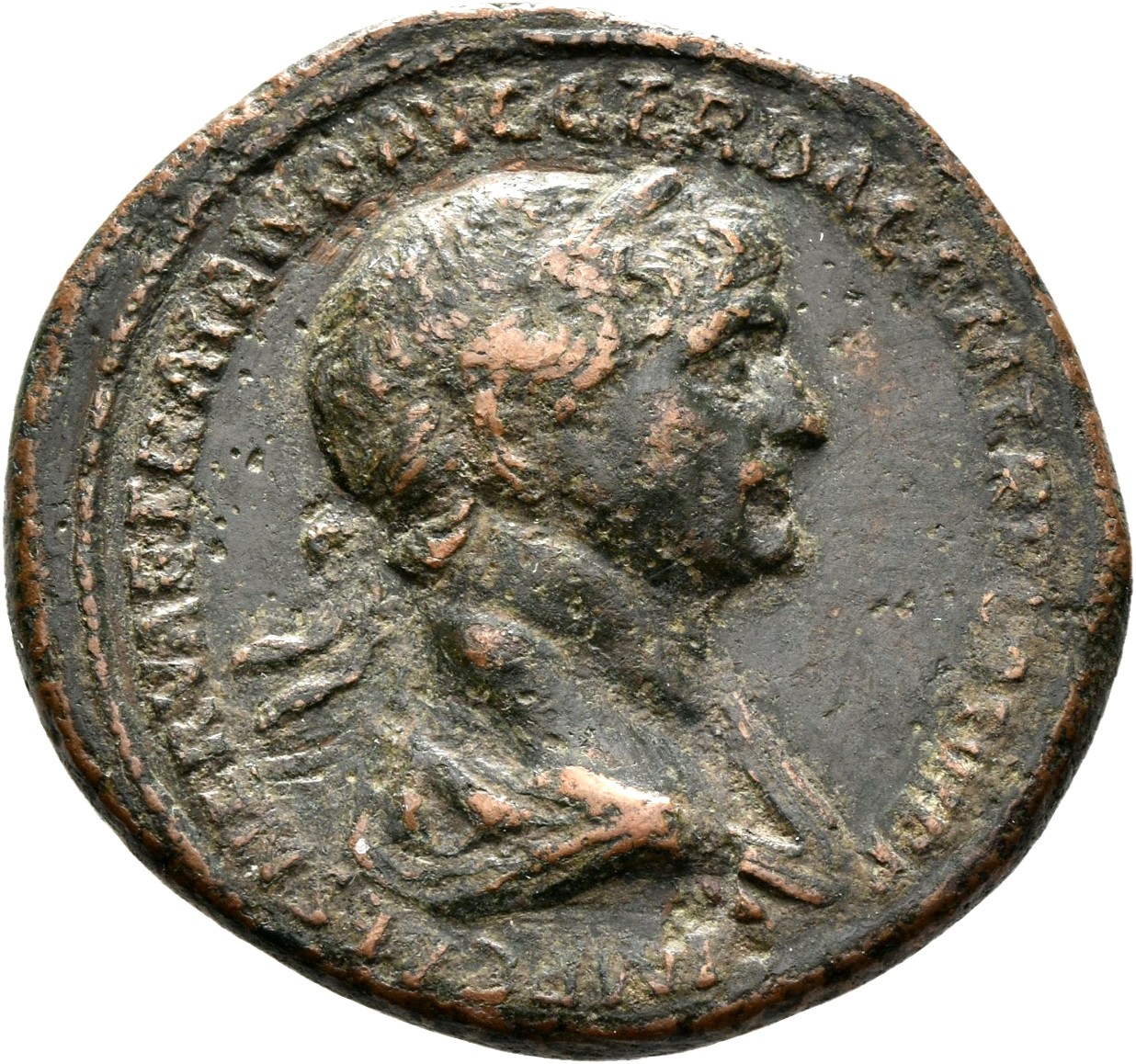 RIC II Trajan 594 Trajan obverse, Bust of Trajan, laureate, draped, right with aegis
