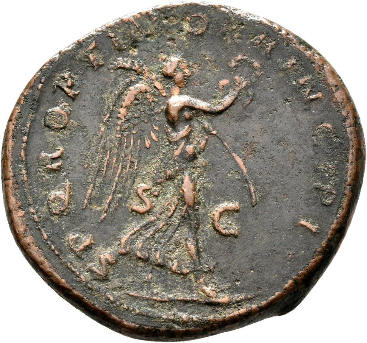RIC II Trajan 594 Trajan reverse, Victory, draped, advancing right holding wreath in extended right hand and palm in left ...