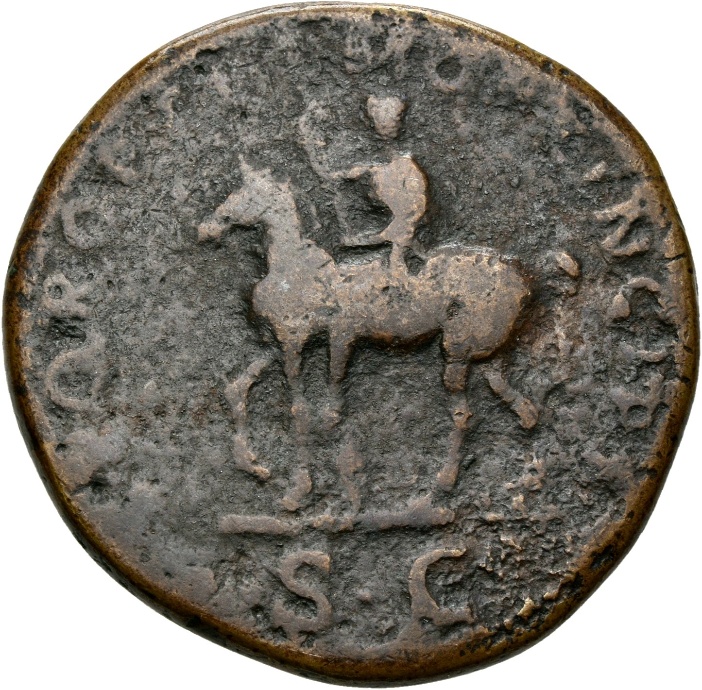 RIC II Trajan 598 Trajan reverse, Trajan on horseback left, holding spear and small statuette of Victory