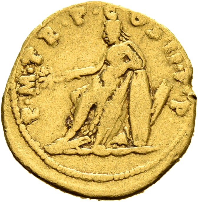 RIC II Trajan 5 (aureus) Trajan reverse, Germania, bare to waist, seated left on oblong shields, holding branch in right h...