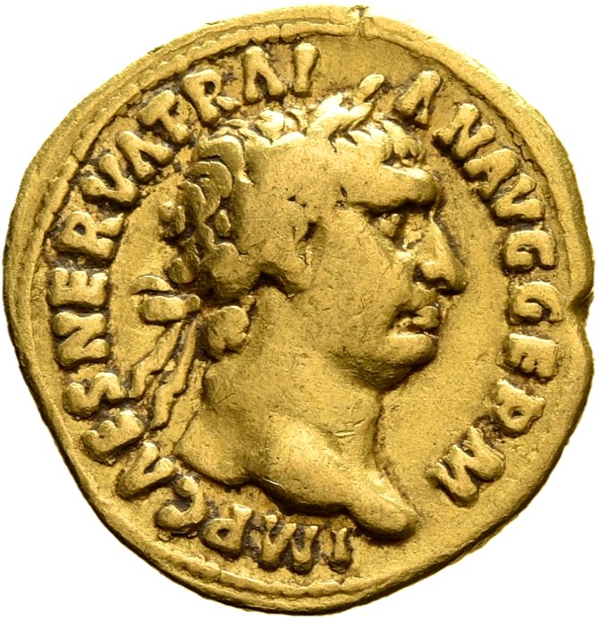 RIC II Trajan 5 (aureus) Trajan obverse, Head of Trajan, laureate, right