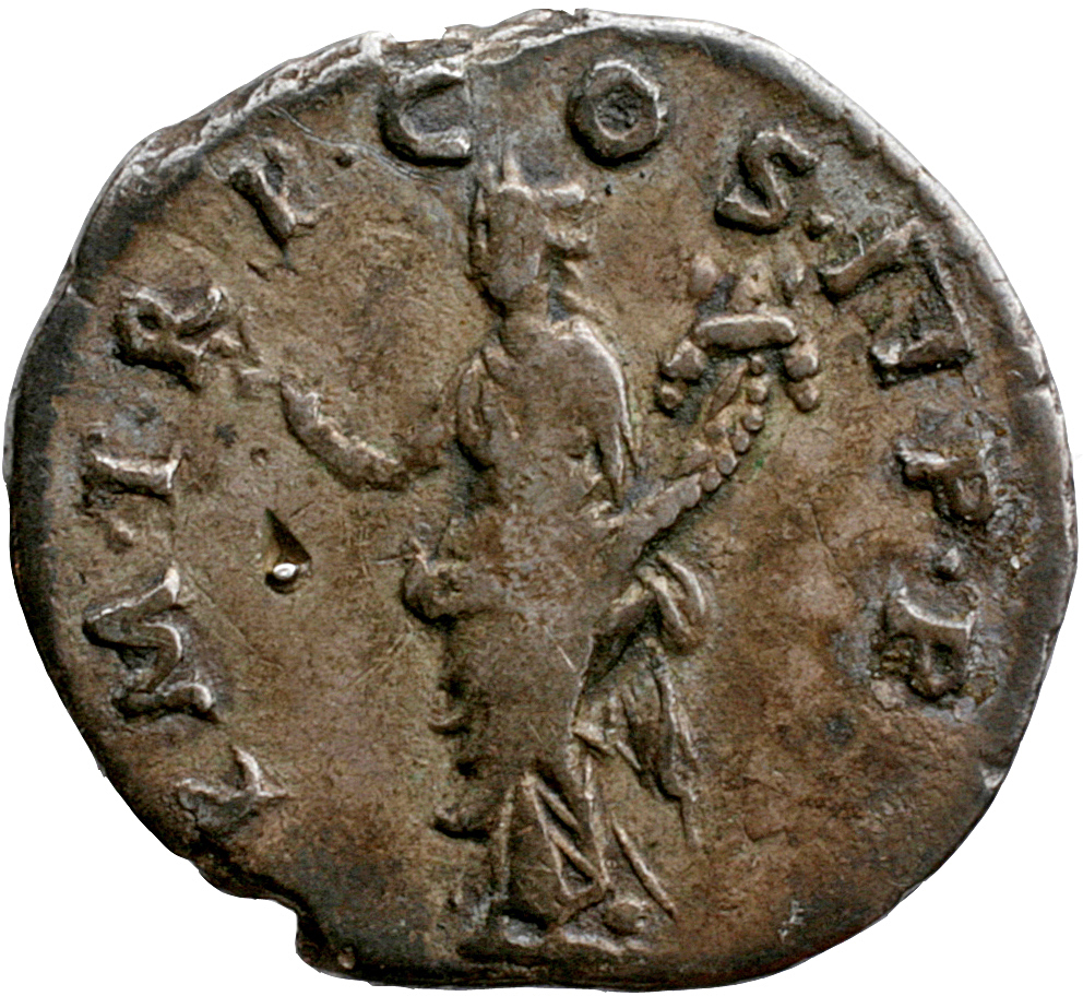 RIC II Trajan 6 Trajan reverse, Pax, draped, wearing wreath, standing left, holding branch up in right hand and cornucopia...