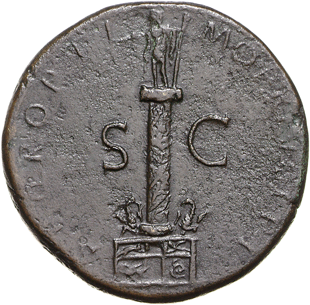 RIC II Trajan 600 (sestertius) Trajan reverse, Column of Trajan surmounted by statue of Trajan; two eagles at base