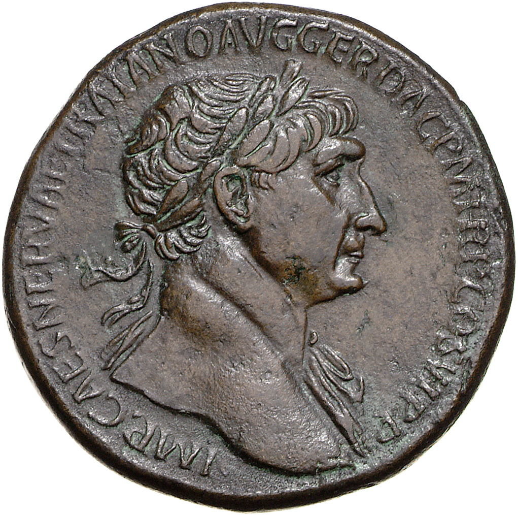 RIC II Trajan 600 (sestertius) Trajan obverse, Bust of Trajan, laureate, draped on left shoulder, right