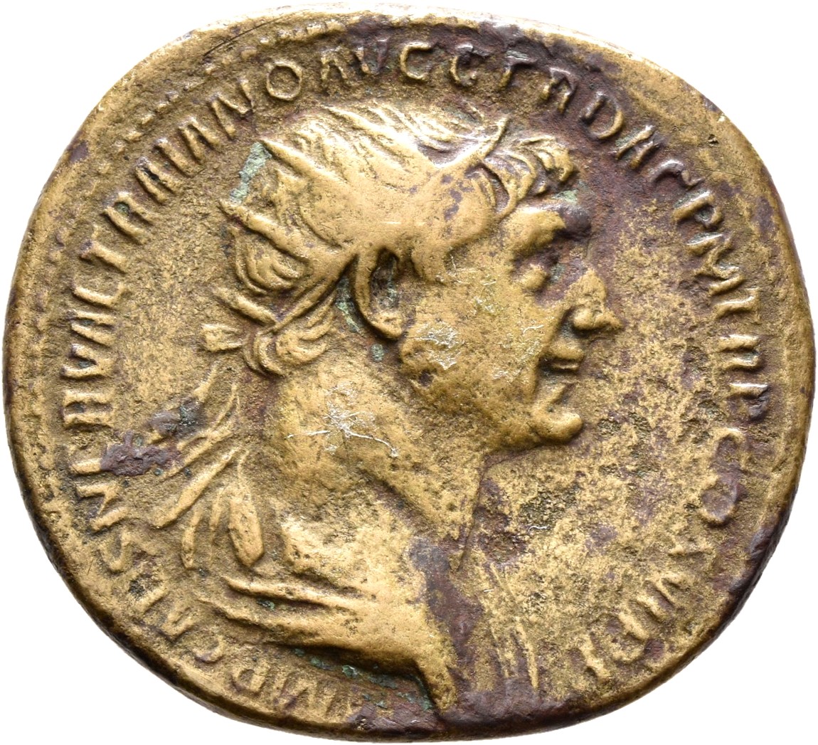 RIC II Trajan 603 Trajan obverse, Bust of Trajan, radiate, draped on left shoulder, right