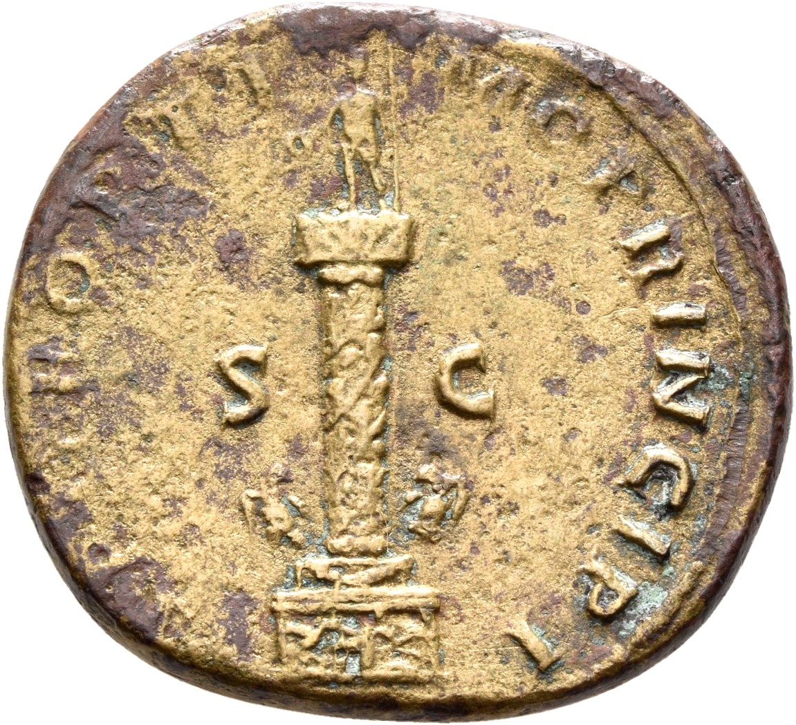 RIC II Trajan 603 Trajan reverse — Column of Trajan surmounted by statue of Trajan; two eagles at base