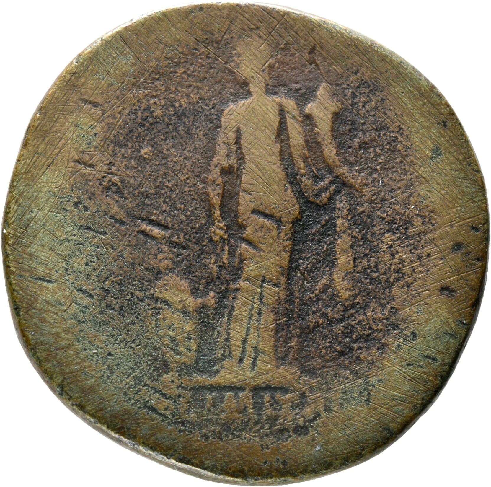 RIC II Trajan 604 (sestertius) Trajan reverse, Abundantia, draped, standing front, head left, holding out two corn-ears in...