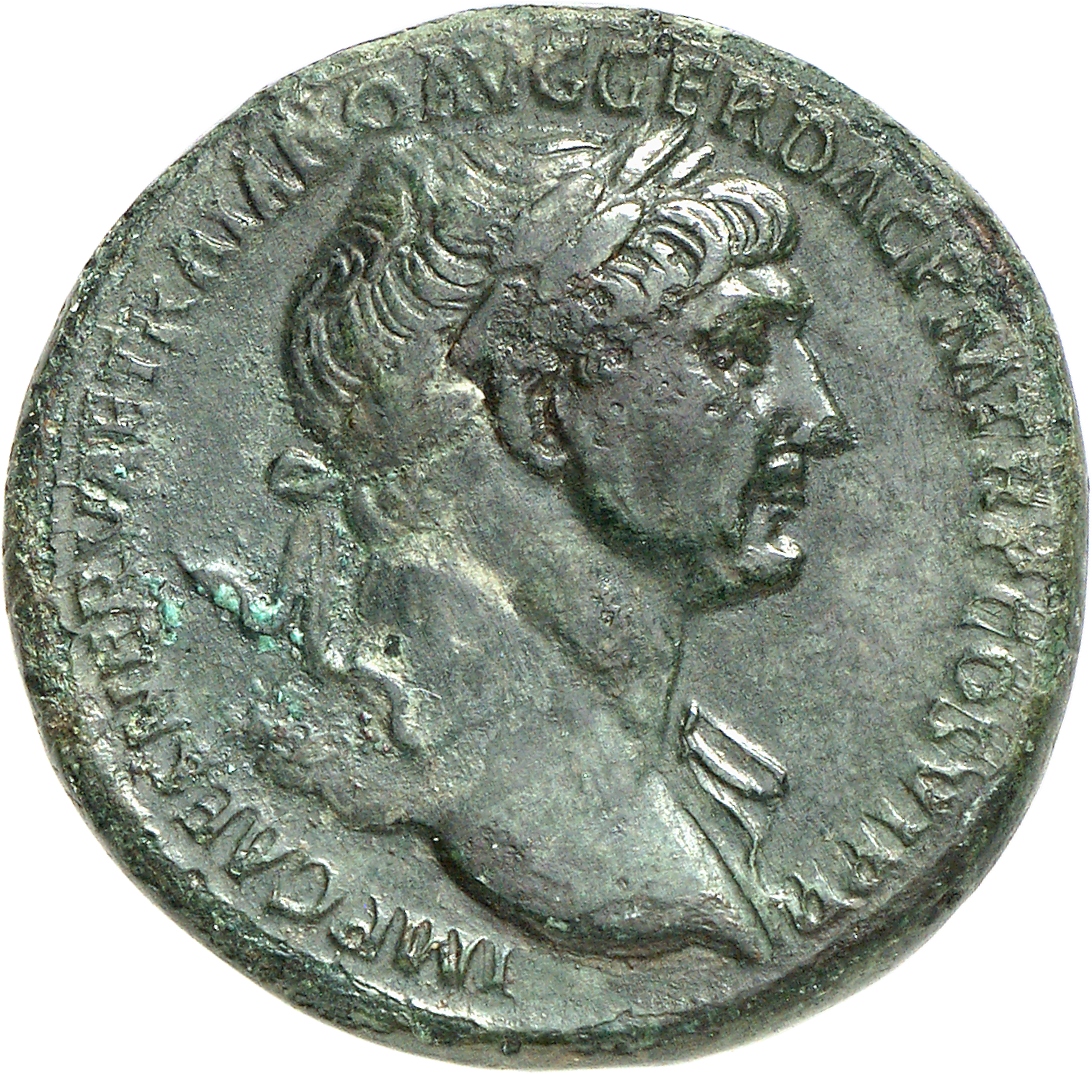 RIC II Trajan 607 (sestertius) Trajan obverse, Bust of Trajan, laureate, draped on left shoulder, right