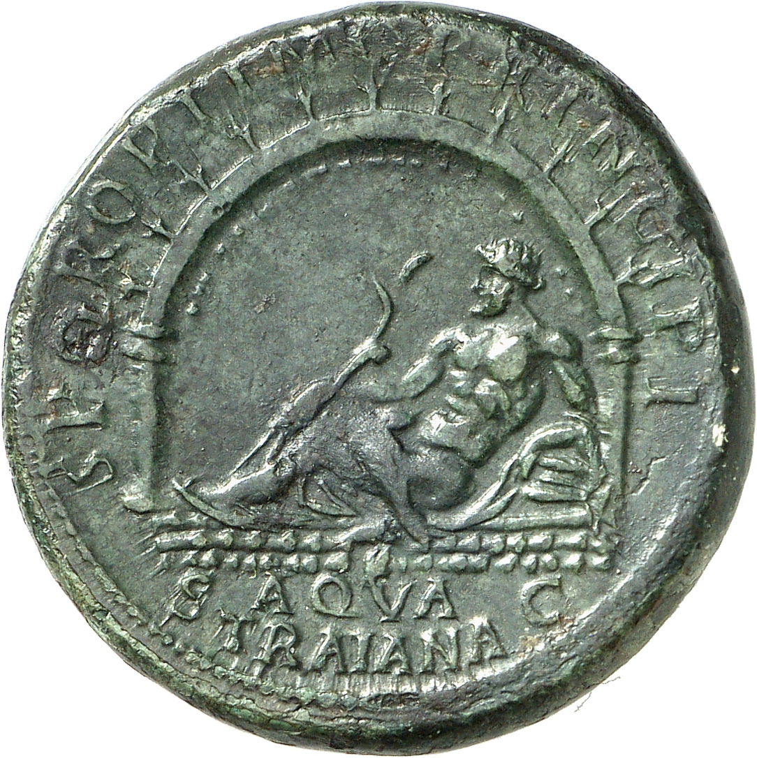 RIC II Trajan 607 (sestertius) Trajan reverse, River god reclining left on rocks under arched grotto supported by two colu...