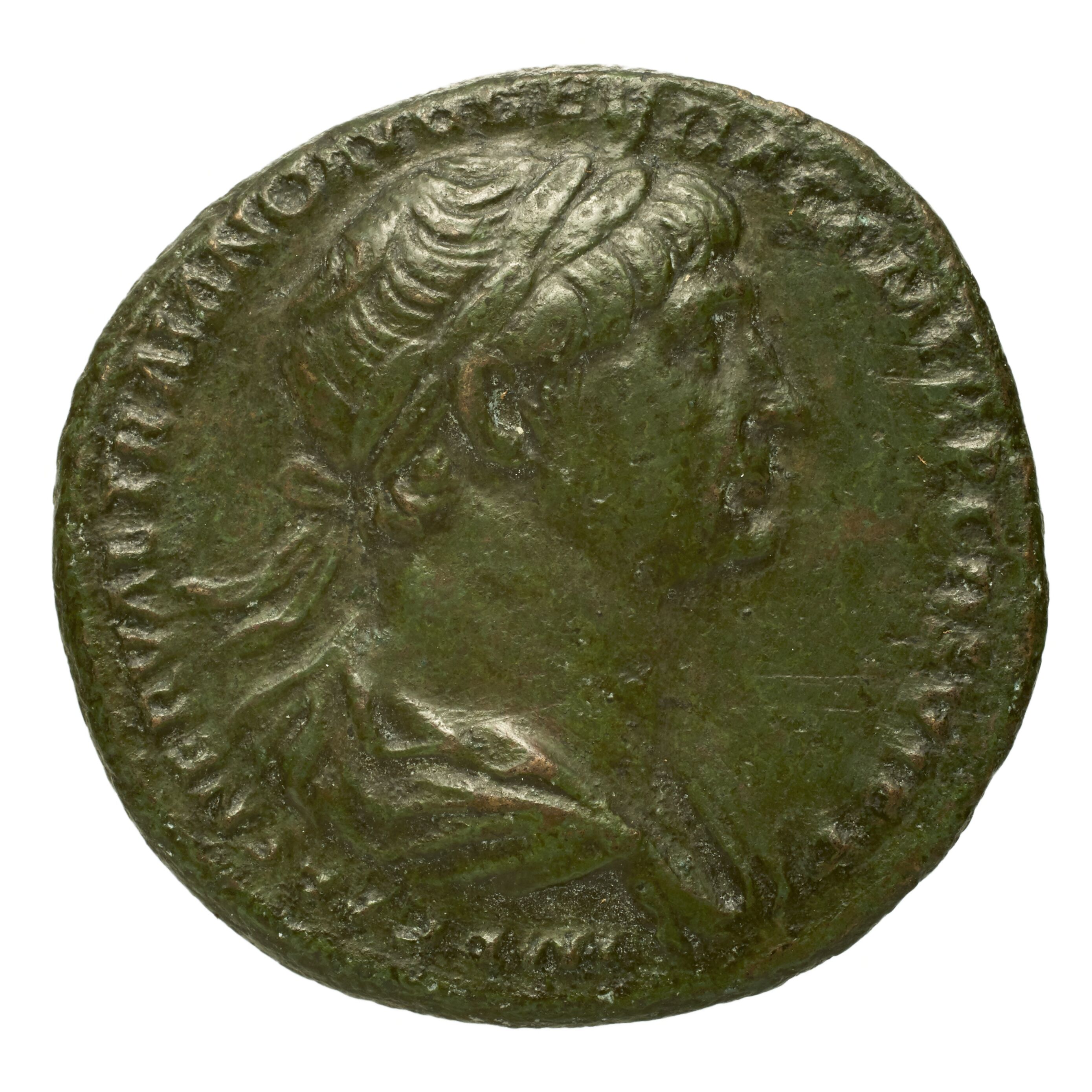 RIC II Trajan 611 Trajan obverse, Bust of Trajan, laureate, draped, right|Bust of Trajan, laureate, draped on left shoulde...